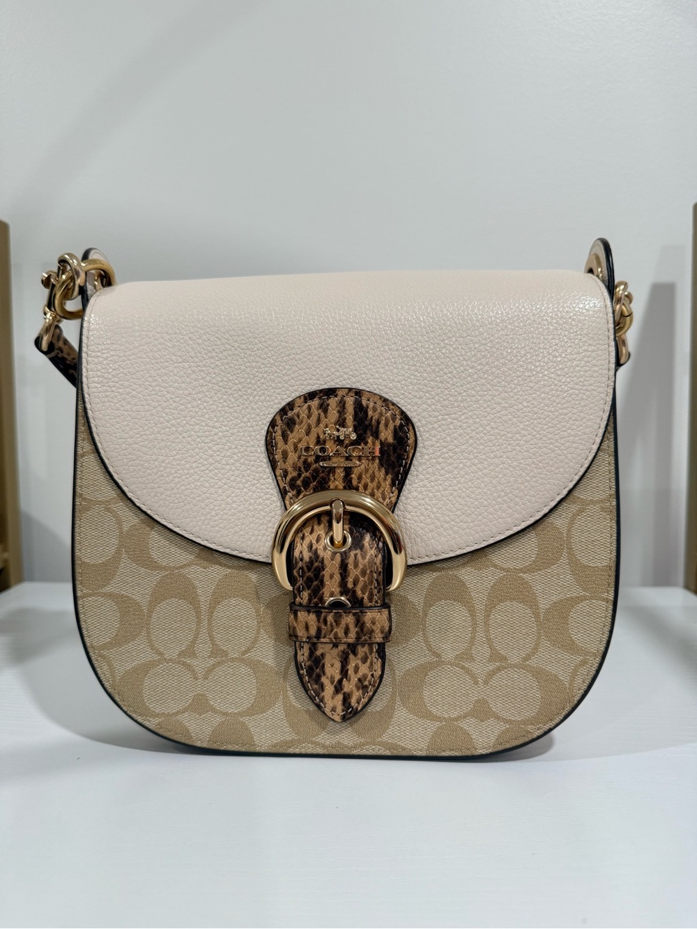 Coach Pebbled Chalk & Signature Canvas Shoulder Bag with Snake-Print Buckle